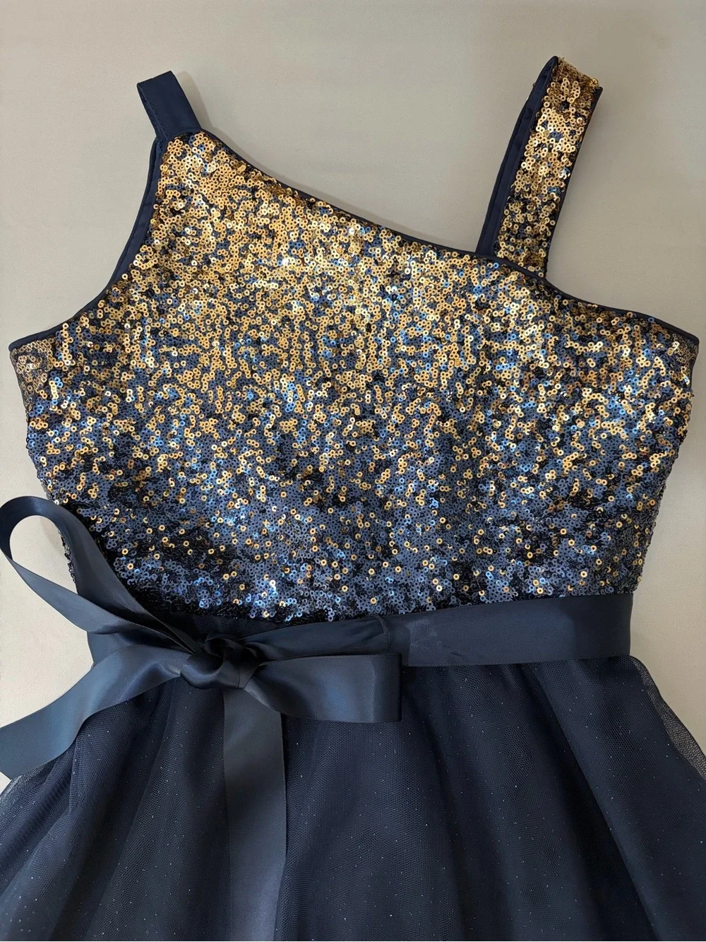 Rare Editions Navy and Gold Sequin Tulle Dress for Girls